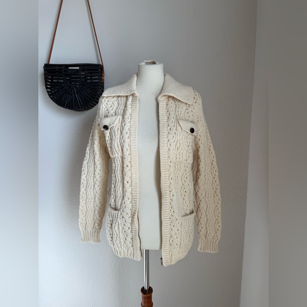 Vintage 1960s Gaeltarra Ireland 100% Pure Wool Zip Cardigan, Size Small